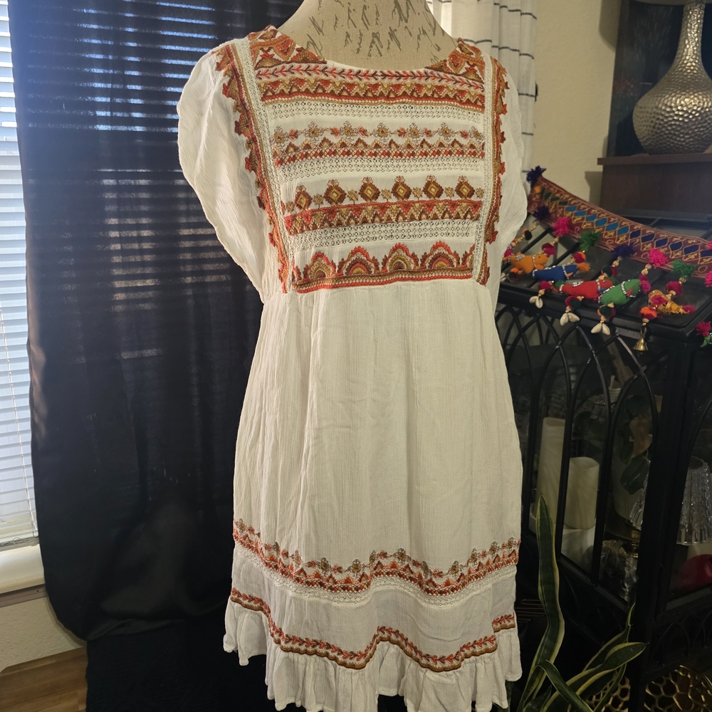 Free People White Mini Dress with Orange Embroidery Boho Festival Summer